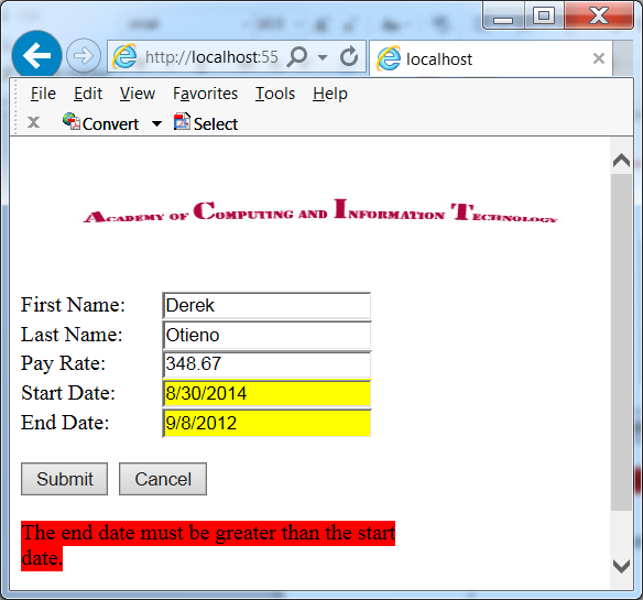 image showing computer screen: end date must be greater than start date